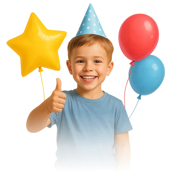  An image of a cheerful child wearing a birthday hat and holding star-shaped balloons.
